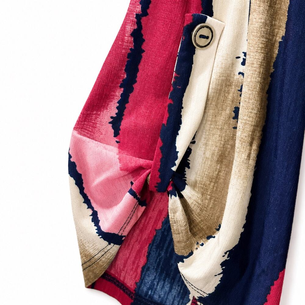 Dear Scarlett XL Striped Tunic Top Pink Navy Taupe Roll Tab Sleeve V Neck - Picture 2 of 4